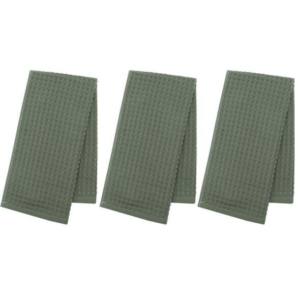 Olive Green Cotton Waffle Hand Towels 3 Pack Quick Dry Absorbent Bathroom Kitche - Picture 3 of 8